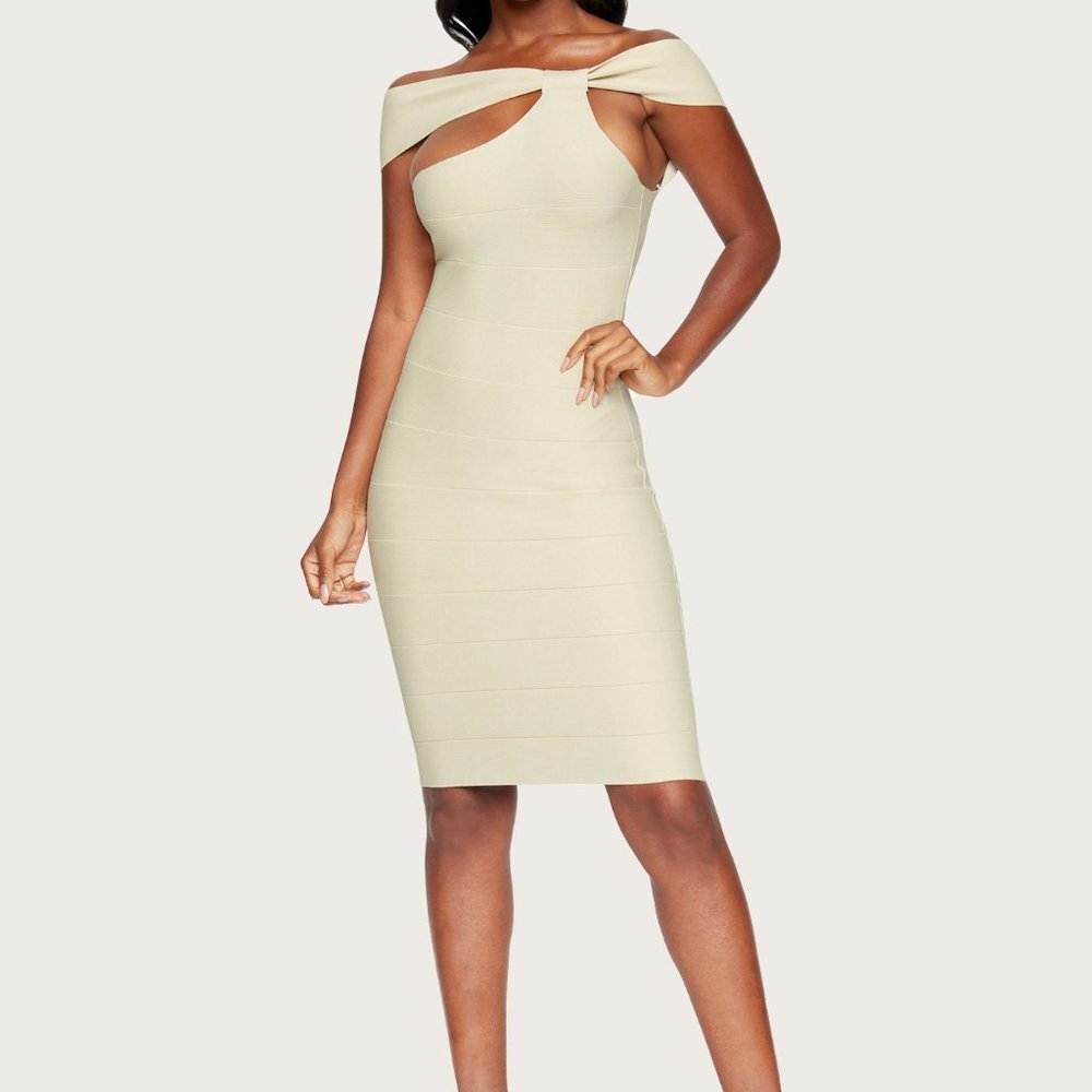 Bebe Dress Off The Shoulder Bandage Midi Stretch Twist Sandshell Beige Sz S NWT